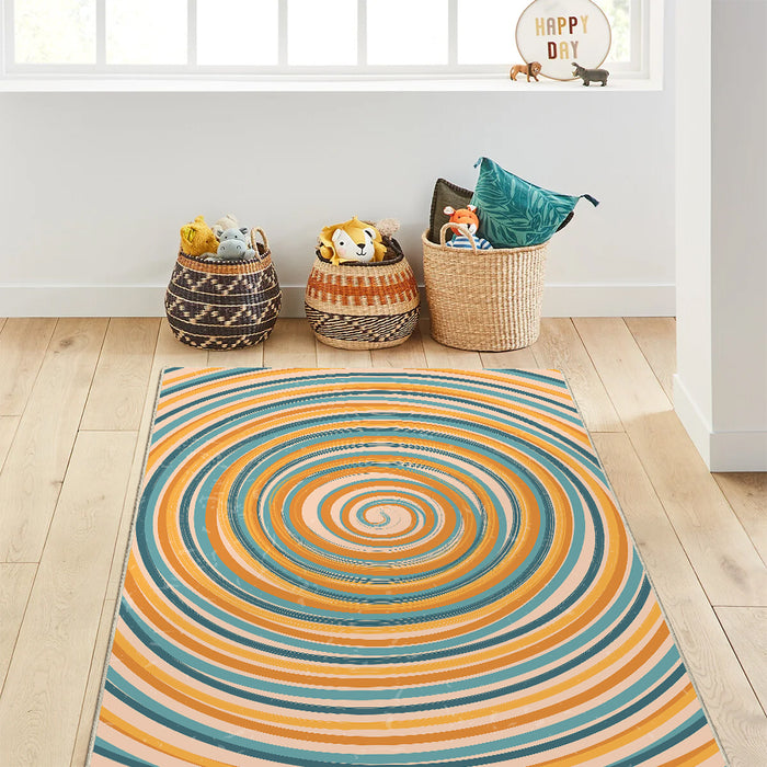 Airgugu KidSpace Delight Spinning Orange and Blue Woodgrain Rug