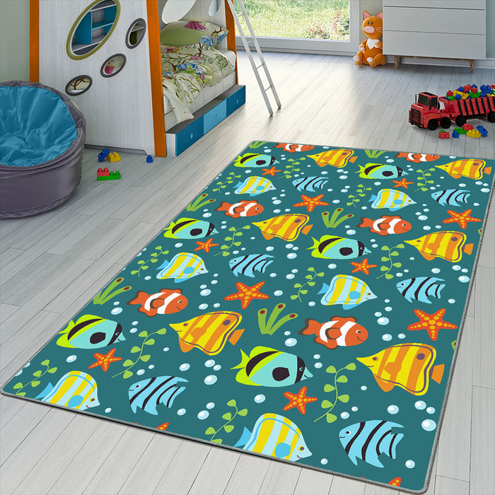 Airgugu KidSpace Delight Cartoon Little Fish Blue Printed Rug