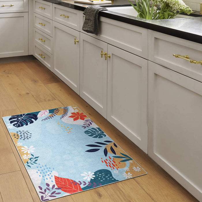 2x3 Colorful Plant Print Rug with Blue Background